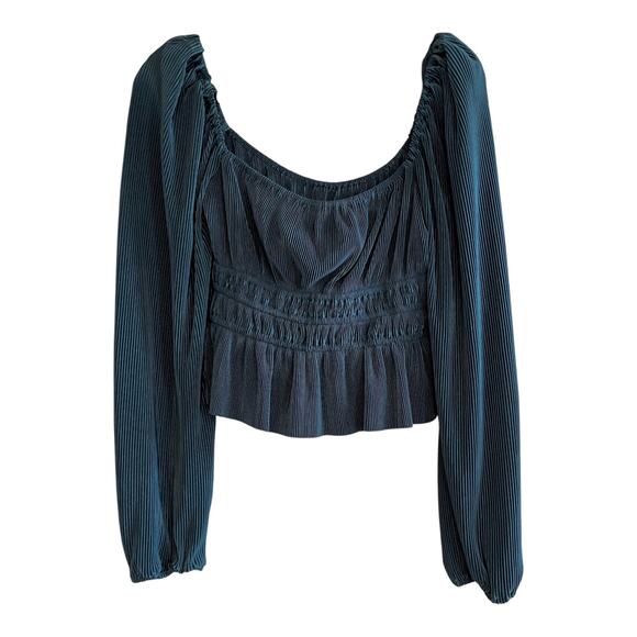 ASTR The Label Ziva Plisse Pleated Balloon Sleeve Peplum Top Deep Teal Size S - Picture 4 of 7